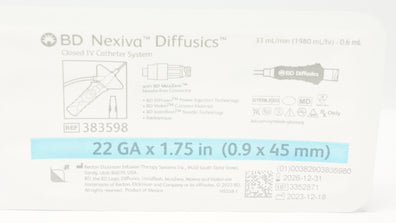 BD 383598 Nexivia Diffusics Closed IV Cath. system 22Ga x 1.75in